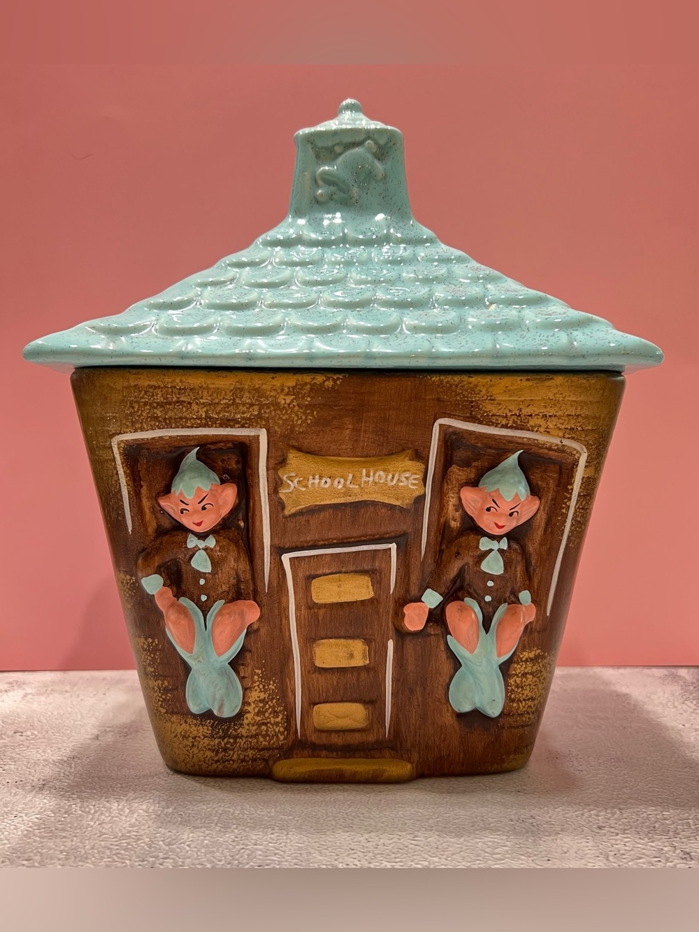 Vintage 70s Gilner Pixie Elf School House Jar Canister Mid Century Retro Kitsch